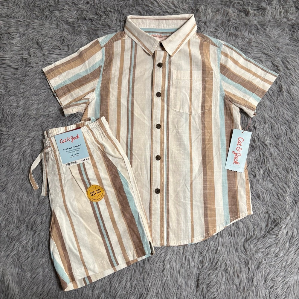 Cat & Jack Neutral Striped Button Up Short Sleeve & Shorts Outfit Youth XS 4/5